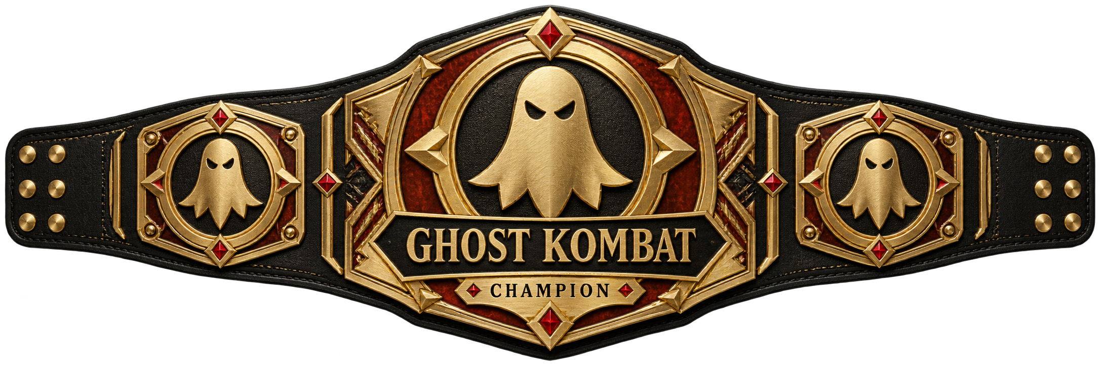 Ghost Kombat championship belt with gold ghost emblem and black leather strap